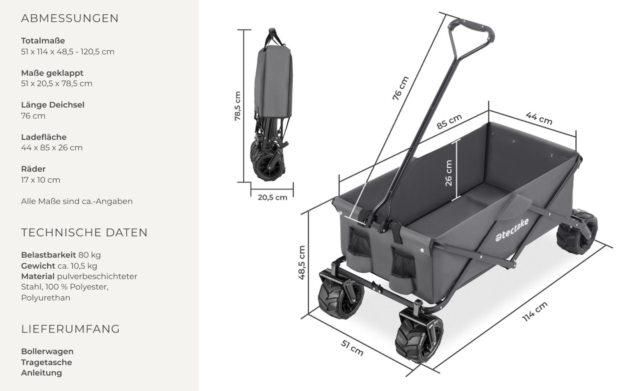 tectake® Bollerwagen Heidrun inklusive Tragetasche, Belastbarkeit 80 kg