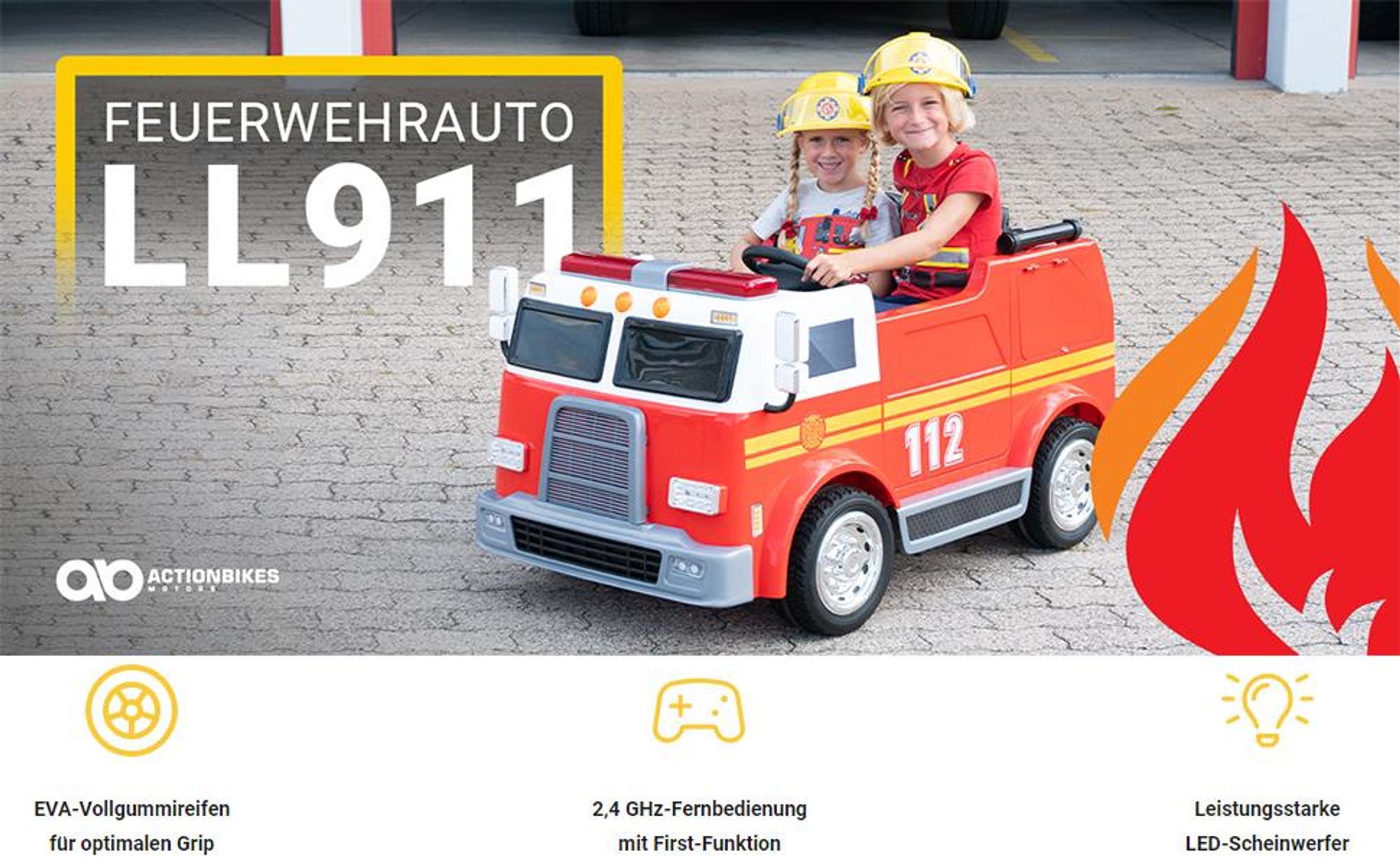 Actionbikes Motors Feuerwehr Auto LL911 | 2 Sitzer - Fernbedienung - Hupe, Motor- & Sirenen Sound - LED - Elektro Auto - 2 x 24 V Motor - ab 3 Jahren