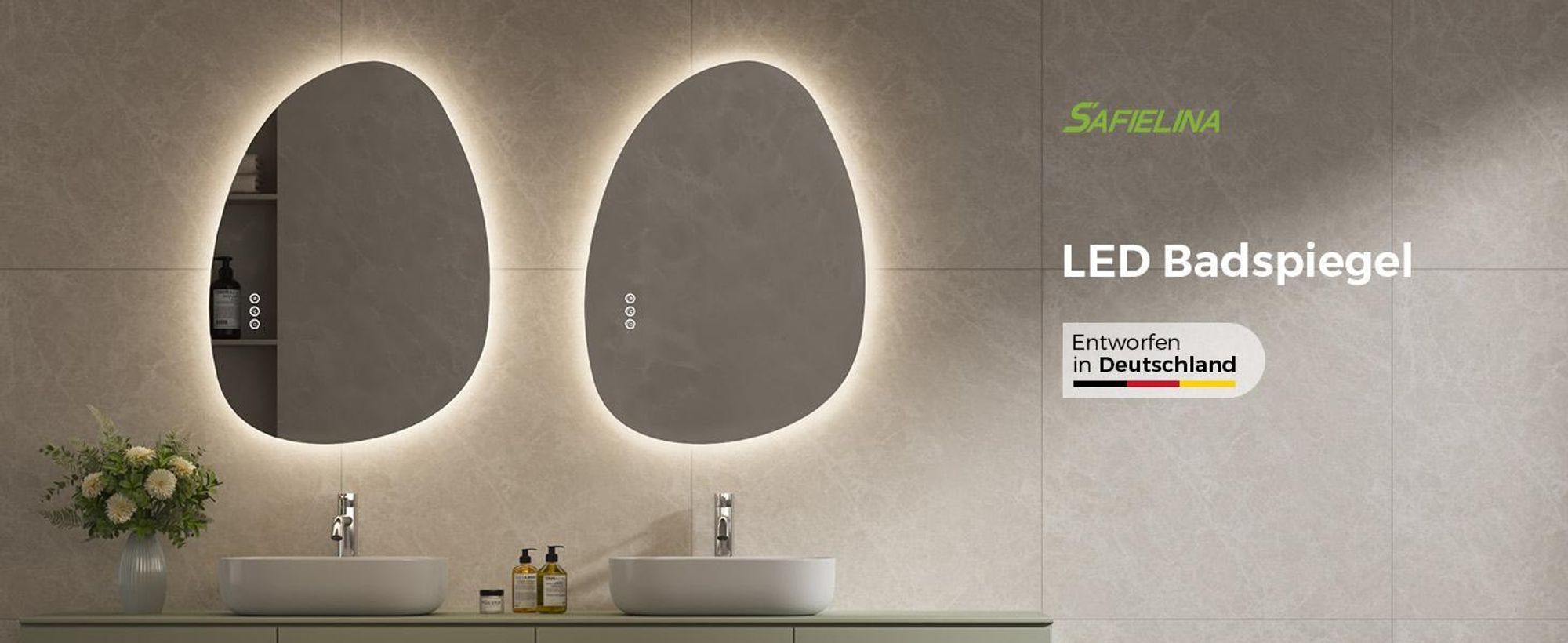 S'AFIELINA 60×45 cm Asymmetrischer Spiegel LED – Badspiegel mit Beleuchtung, Dimmfunktion, horizontal/vertikal montierbar, Antibeschlag,Bad & Flur