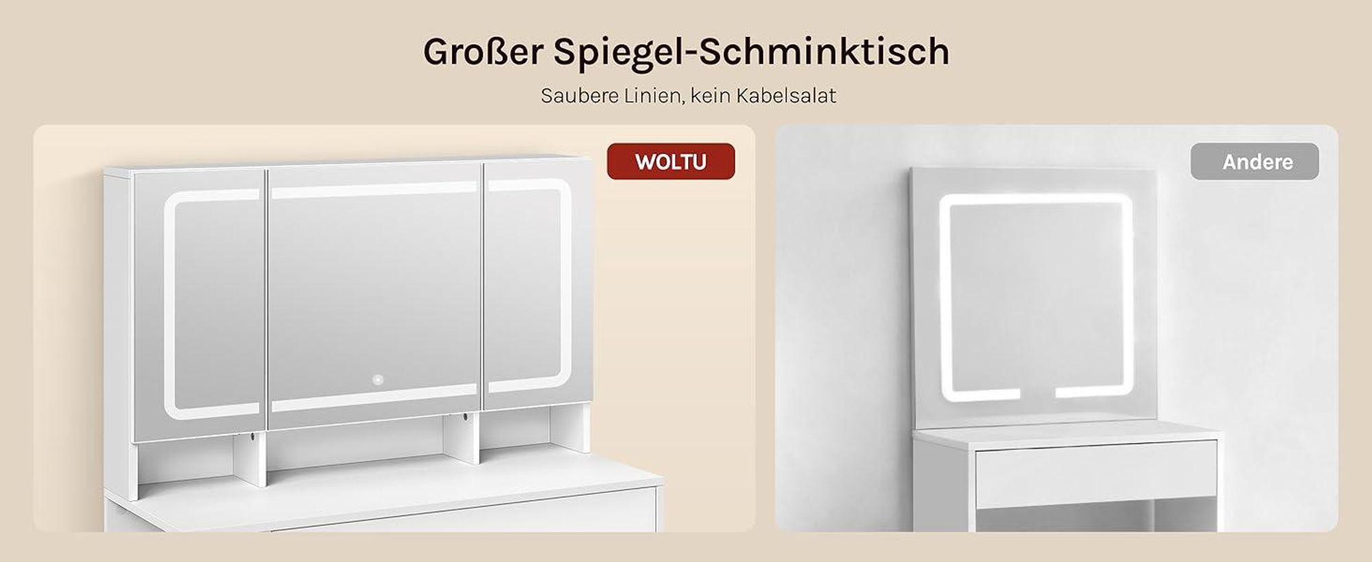 WOLTU Schminktisch mit Beleuchtung Spiegel LED, Schminktisch mit Schublade, Ablage hinter dem Spiegel, weiß, 90 x 40 cm