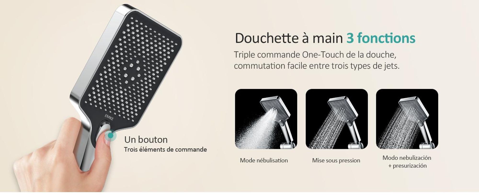 EMKE Système de douche avec thermostat en acier inoxydable Ensemble de douche avec douchette à main 3 fonctions, douche à effet pluie, panneau de douche, robinetterie de salle de bains & douche, KTW, chrome - F08