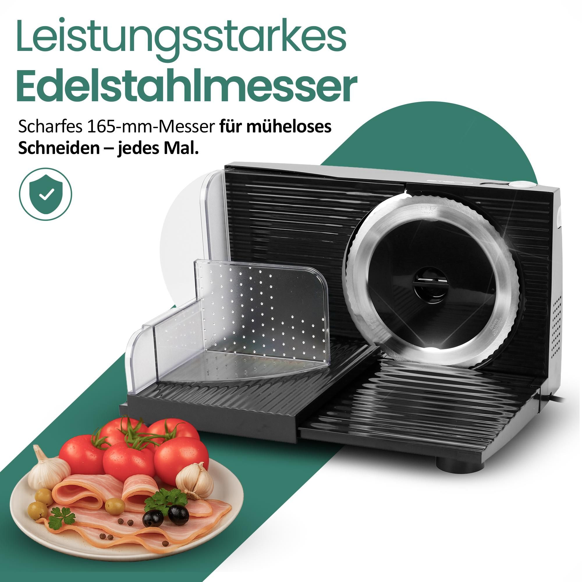 Emerio Multifunktionale Allesschneider – 100 W – Schnittstärke 0–17 mm – Edelstahlmesser – elektrische Schneidemaschine – MS-125000.1