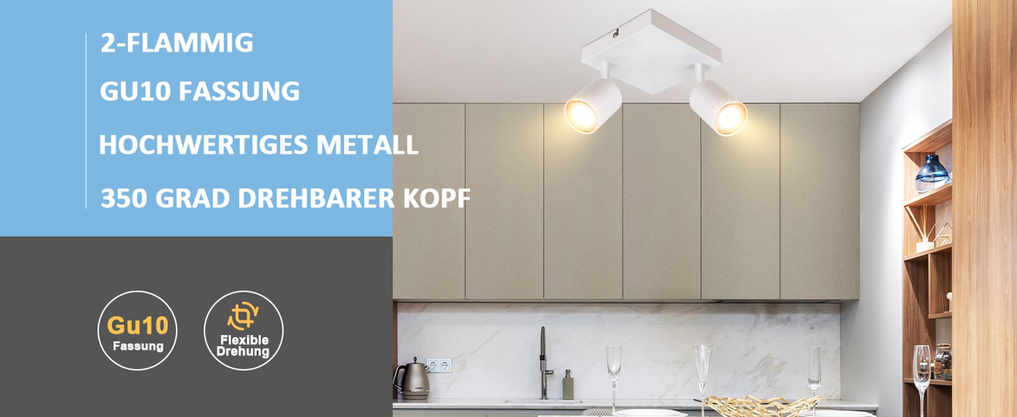 ZMH LED Deckenlampe Weiss Deckenleuchte 2 Flammig GU10 Deckenspots Flur aus Metall Modern Flurlampe330° schwenkbar eckig Spotleuchte Ohne Leuchtmittel