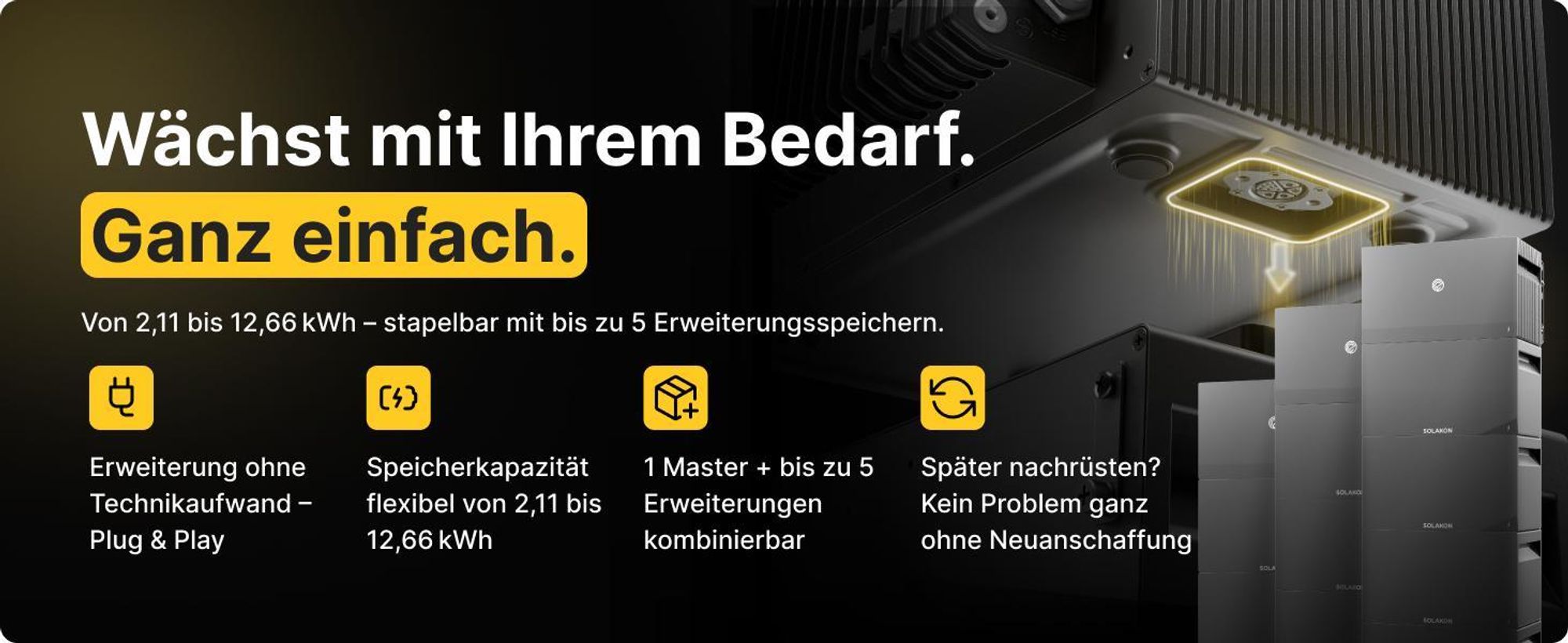 Solakon ONE Erweiterungsspeicher mit 2,11 kWh Kapazität für Balkonkraftwerk, modulare Erweiterbarkeit auf bis zu insgesamt 6 Einheiten (12,66 kWh)