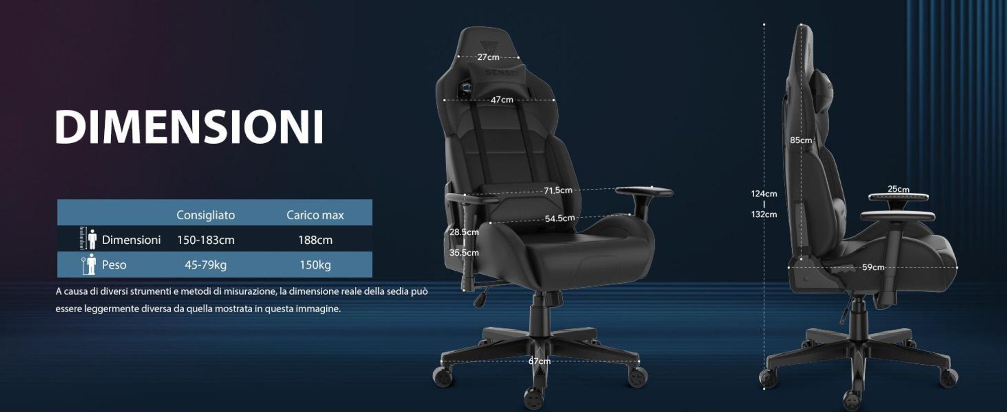 Sedia da gaming SENSE7 Sentinel - Sedia da ufficio ergonomica con braccioli 3D, inclinazione a 160°, funzione di oscillazione, imbottitura HDE™, pistone a gas, fino a 150 kg, nera