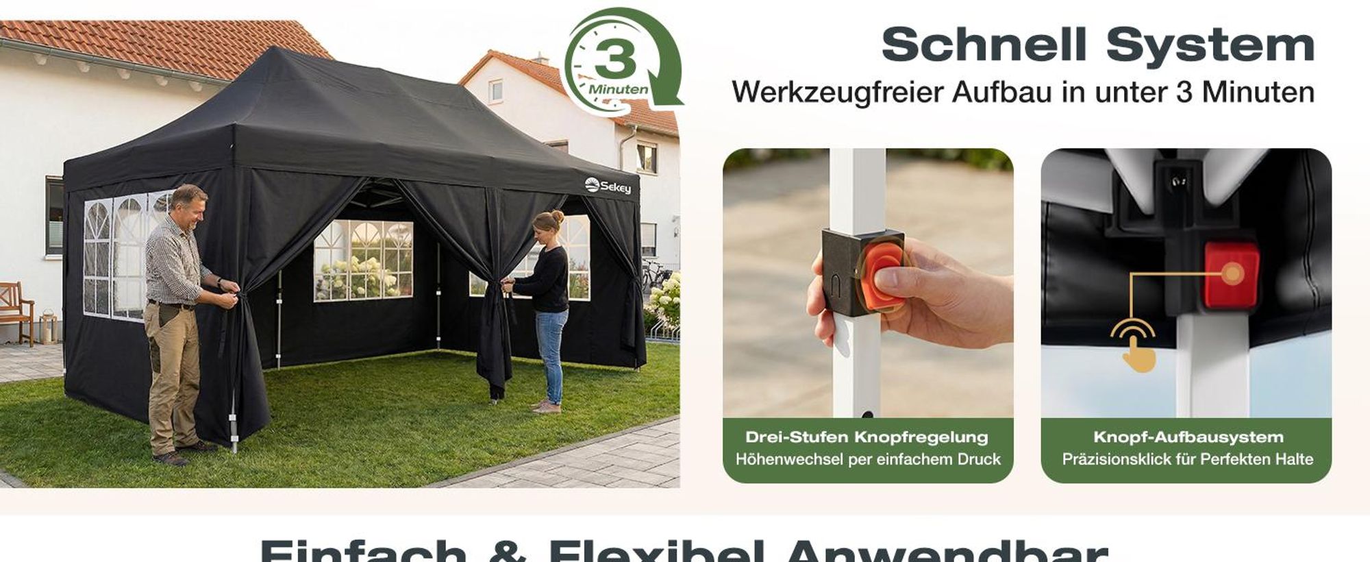 Sekey Faltpavillon 3x6 Wasserdicht mit 6 Seitenwänden, UV50+ Gartenpavillon Partyzelt, Schwarz