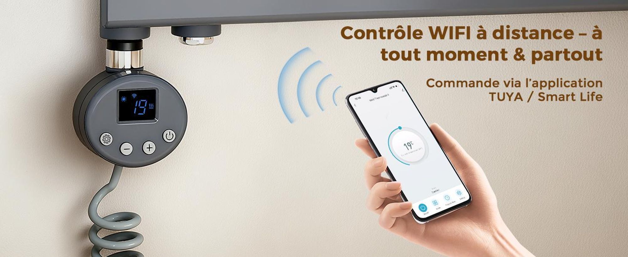 S'AFIELINA thermoplongeur avec thermostat 900W, minuterie programmable & affichage LCD, WiFi, pour radiateur de salle de bain, acier inoxydable, contrôle intelligent, anthracite