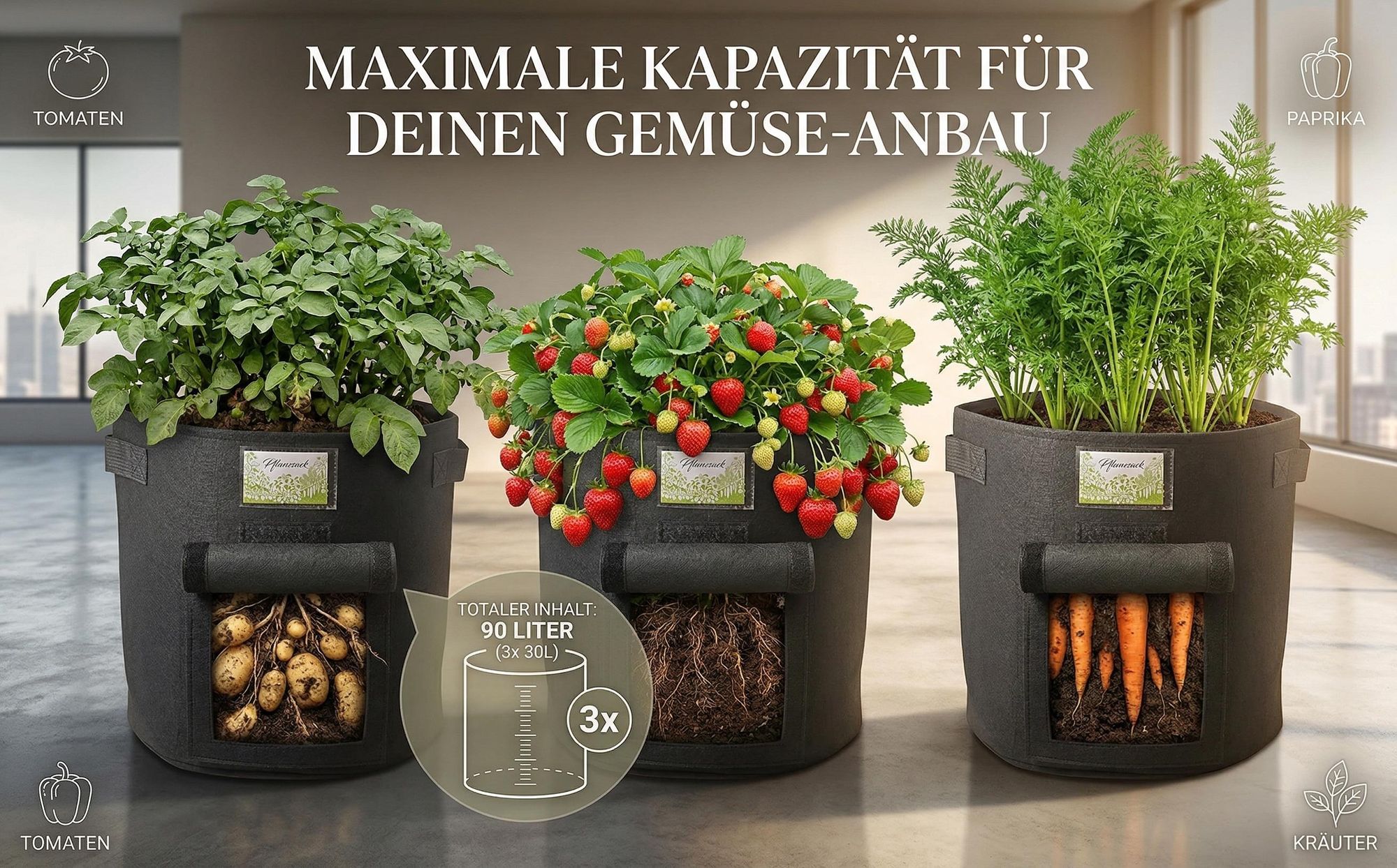 Garten Pflanzsack 3er Set | 30 Liter | Mit Sichtfenster & Tragegriffen | Atmungsaktives Vlies | Für Kartoffeln & Gemüse