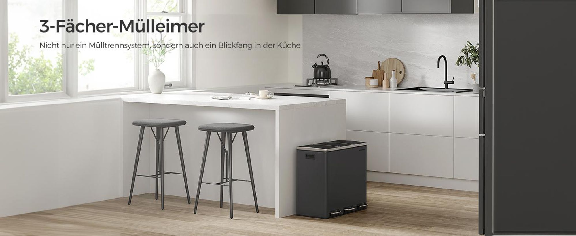 SONGMICS Mülleimer Mülltrennsystem, 3 x 18 L, ergonomisch, 3 Fächer, Küche