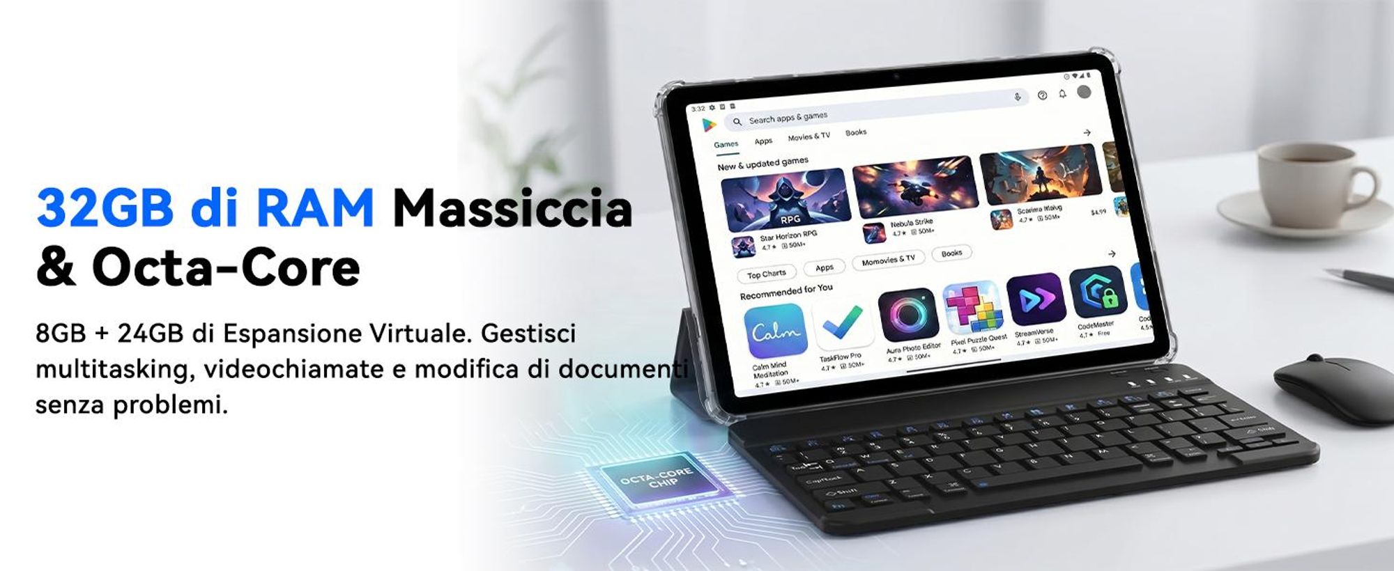 TABWEE T70, tablet da 11 pollici, 32 (8+24) GB di RAM + 256 GB di memoria, Android 16, batteria da 8000 mAh, Bluetooth 5.0, riconoscimento facciale, supporto Widevine L1,  Rheinland. Include tastiera, mouse e penna stilo