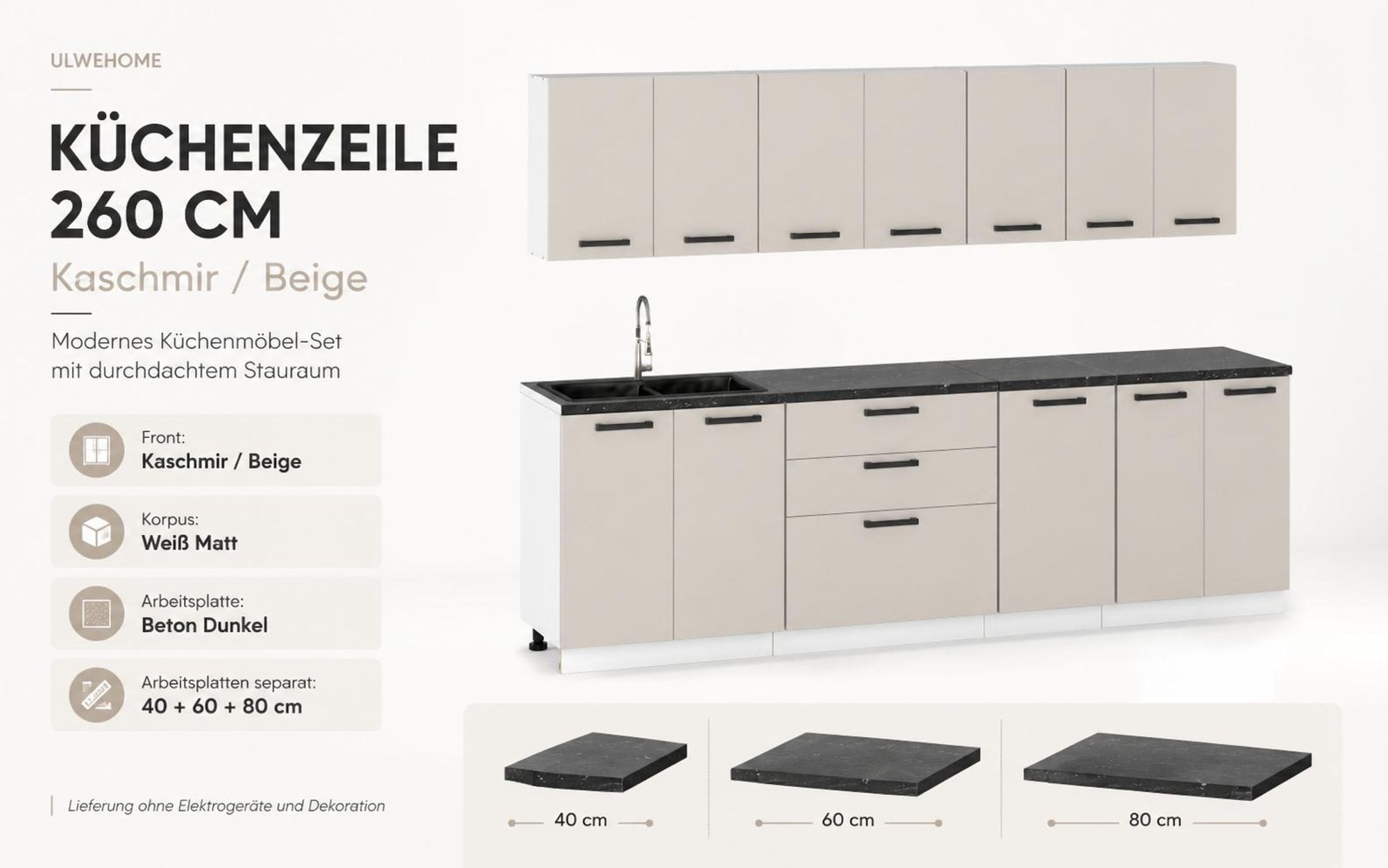 Küchenzeile 260 cm in Kaschmir Beige mit viel Stauraum und Arbeitsplatten in Beton Dunkel