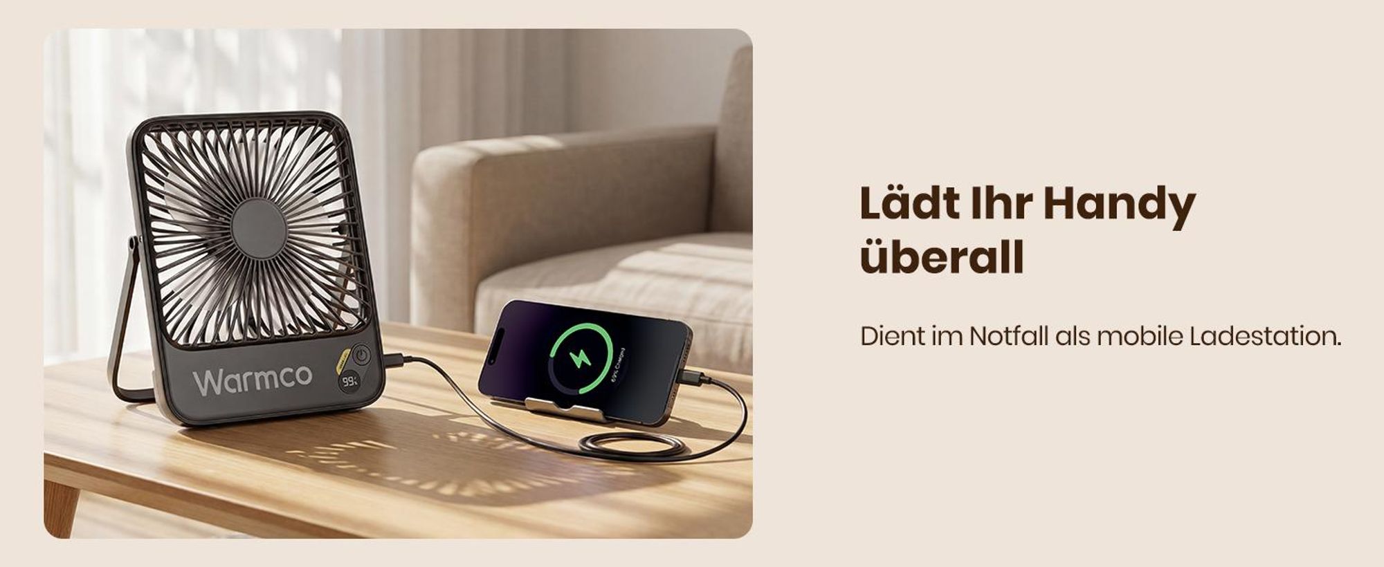 Warmco D3 Akku Ventilator 10000mAh, Tischventilator Leise, 10–24Std. USB-C, LED-Anzeige, Ultraflacher 4-Stufen Ventilator Für Büro, Schlafzimmer, Camp