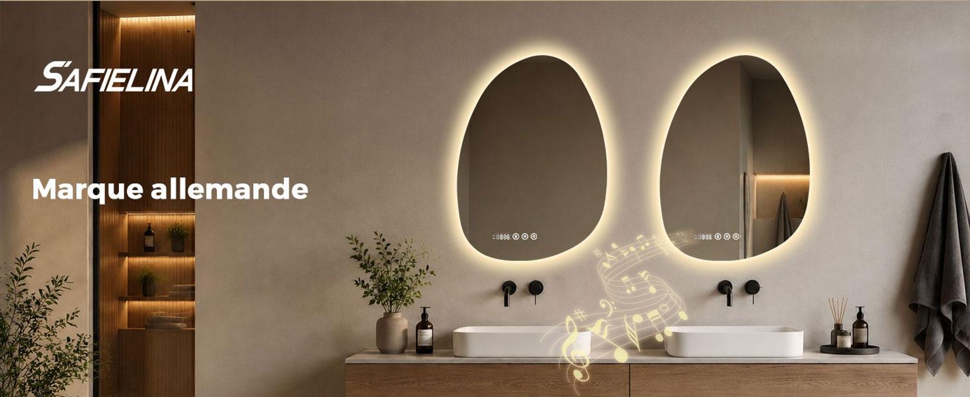 S'AFIELINA Miroir de salle de bain avec éclairage Asymétrique 60 x 45 cm avec 3 couleurs de lumière réglable, antibuée, Bluetooth, horloge, température, fonction mémoire