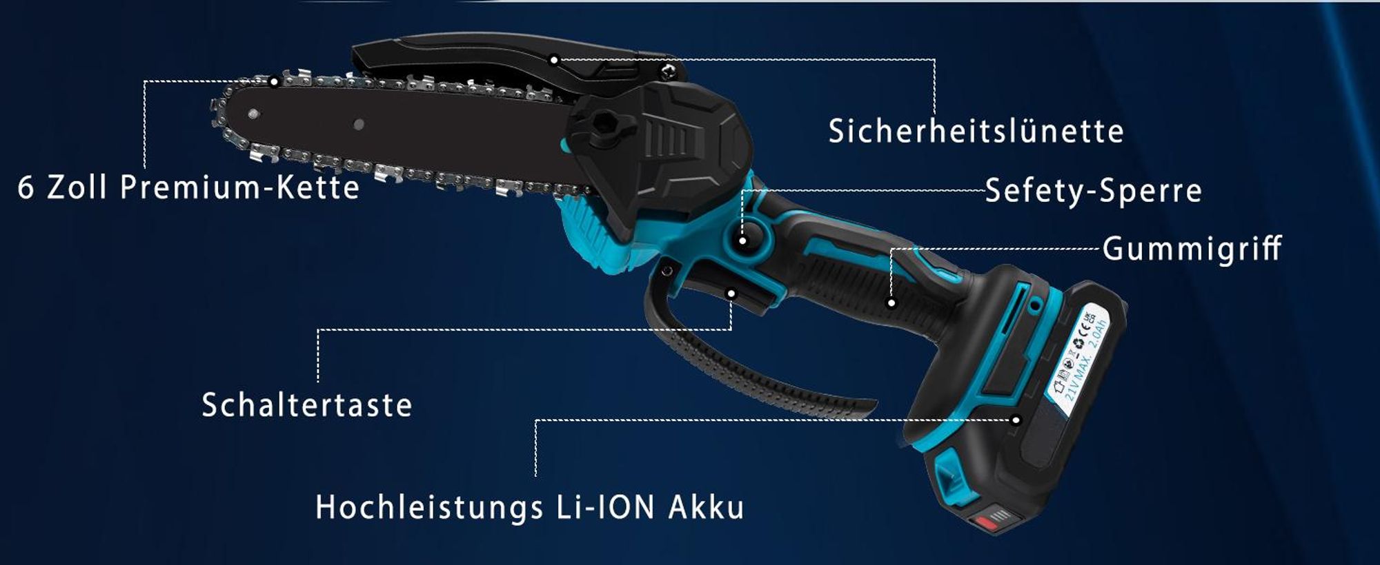 Mini Kettensäge, Akku Kettensäge, Handkettensäge, 6" Elektro-Kettensäge, mit 2 * 2.0Ah Akkus und Ladegerät, für Gartenbäumen, Astschere, Holzschneiden