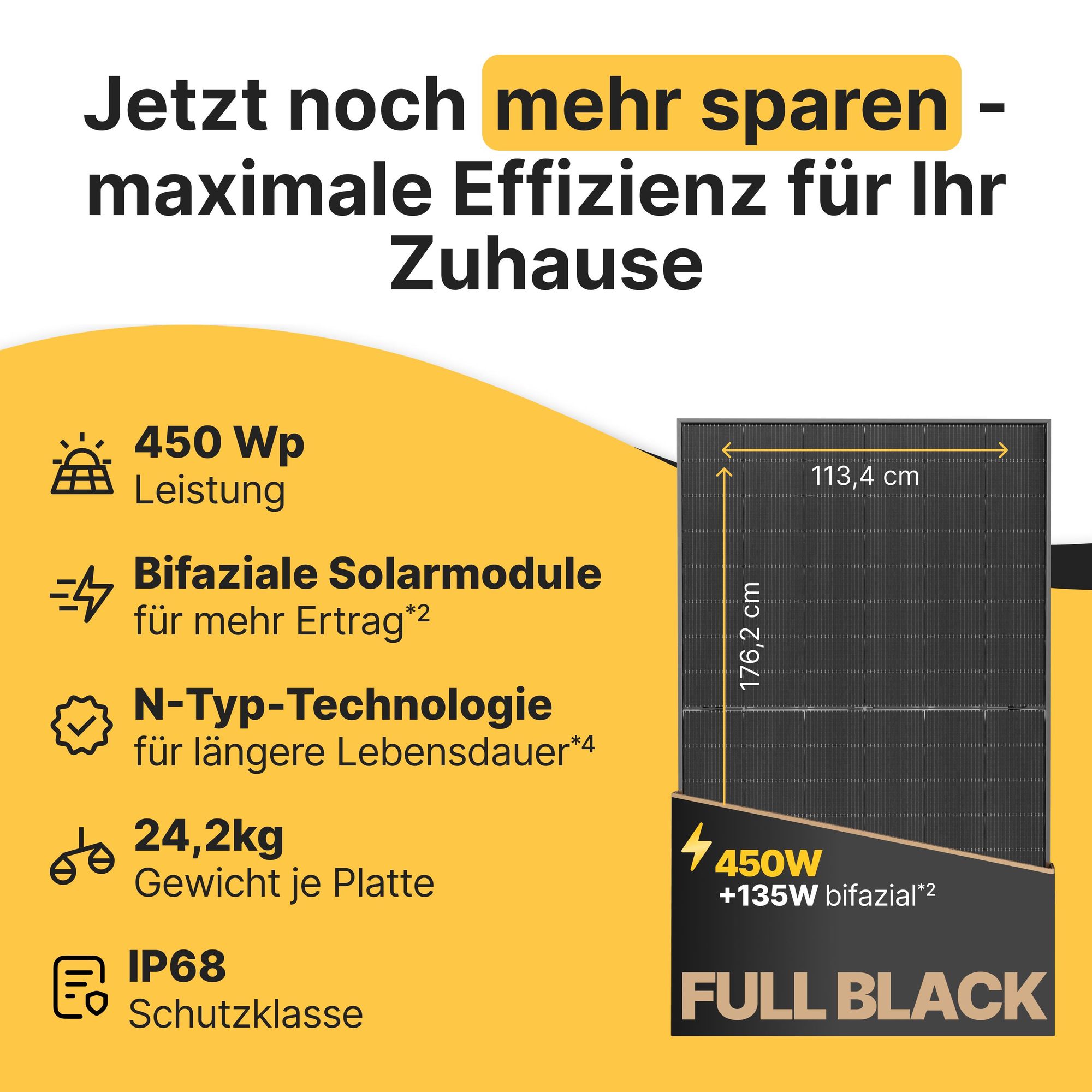 Solakon® Solarmodul 450W Bifazial Glas-Glas N-Type – Black Frame PV Modul 40V für Balkonkraftwerk (2 Stück)