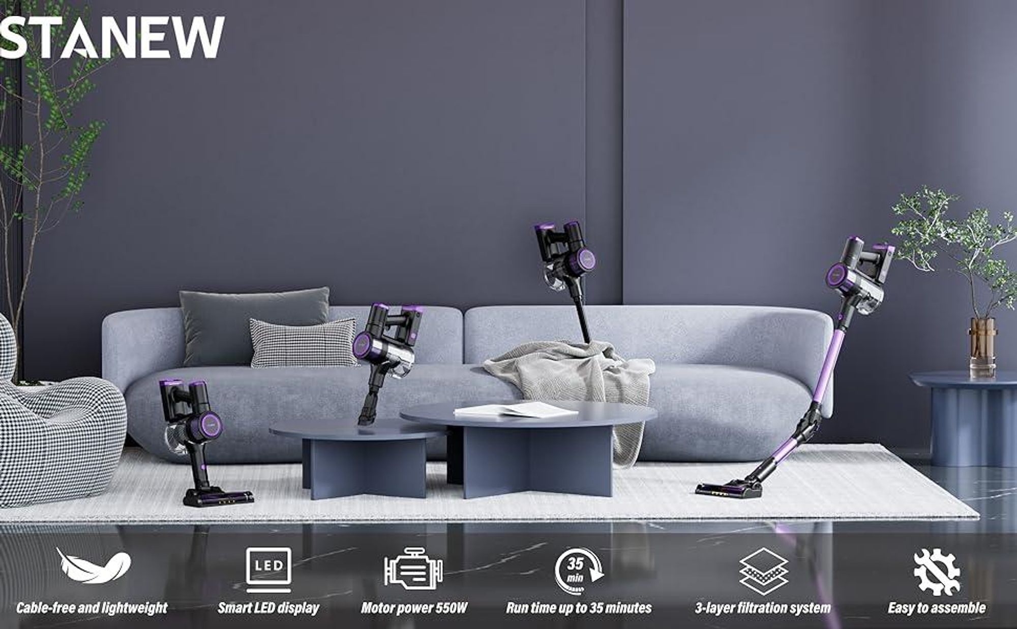 Stanew Akku Staubsauger Faltbar, 45Kpa Kabelloser Staubsauger, 550W Cordless Vacuum Cleaner, 30Min. Laufzeit, LED, für Tierhaare Teppich Auto Sofas