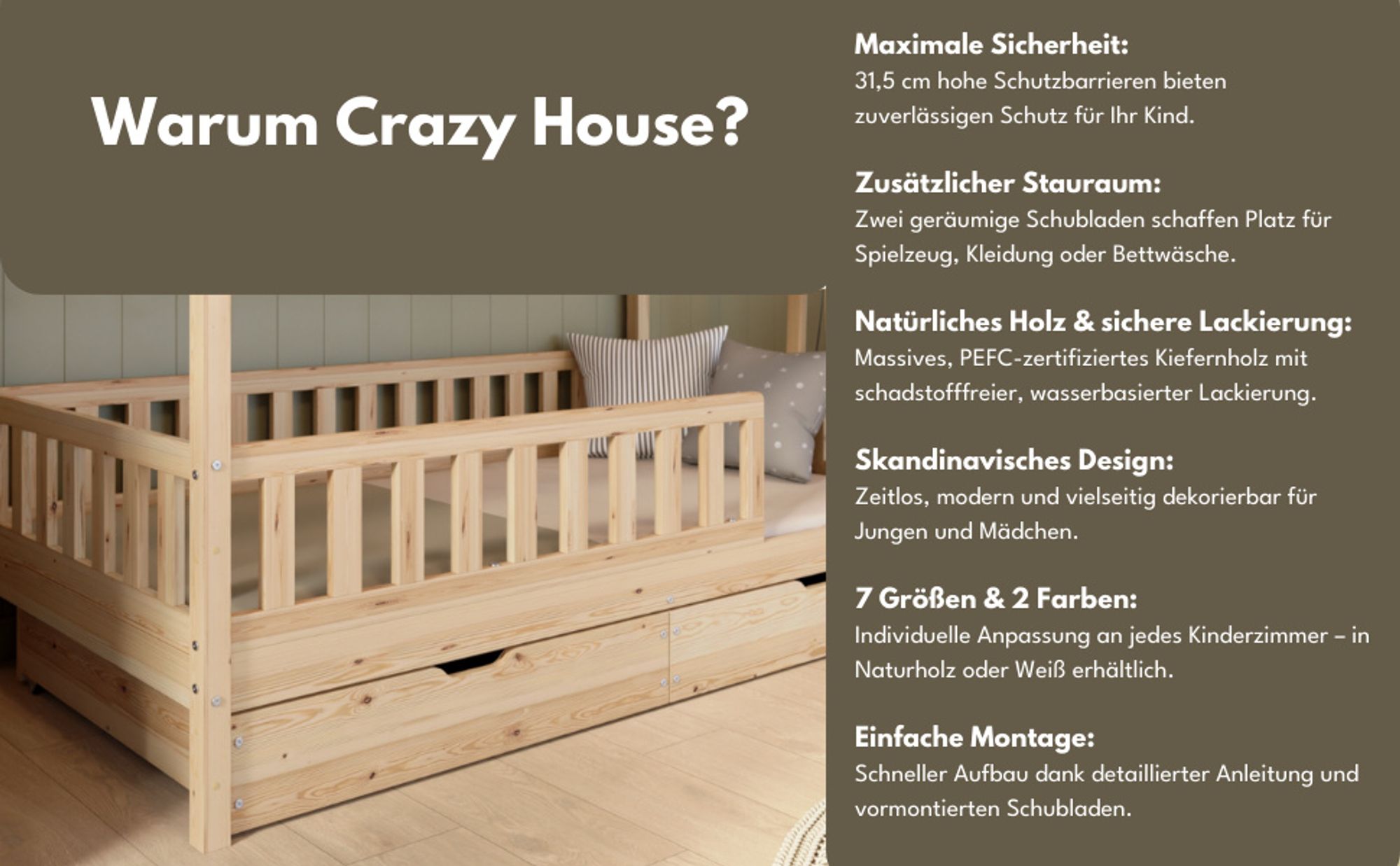 Crazy Pine Hausbett mit Schubladen 140x200 cm – Kinderbett aus Naturholz in Weiß – Bodenbett mit Stauraum und Abnehmbarer Barriere - Crazy House