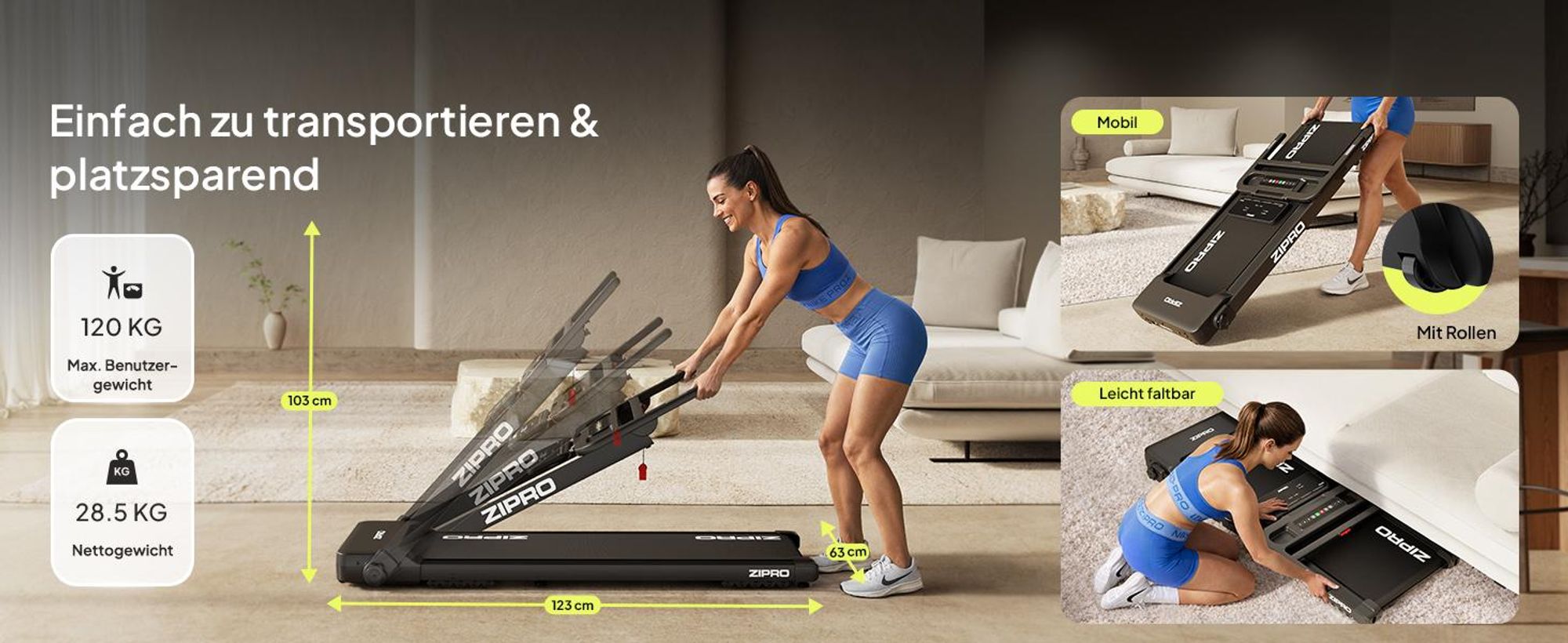 ZIPRO Forma Lite Laufband Elektrisch Klappbar – Ultra Flat Design, Bis 12 km/h & 120 kg Belastbarkeit - Bluetooth App-Kompatibel, Leises Walking Pad