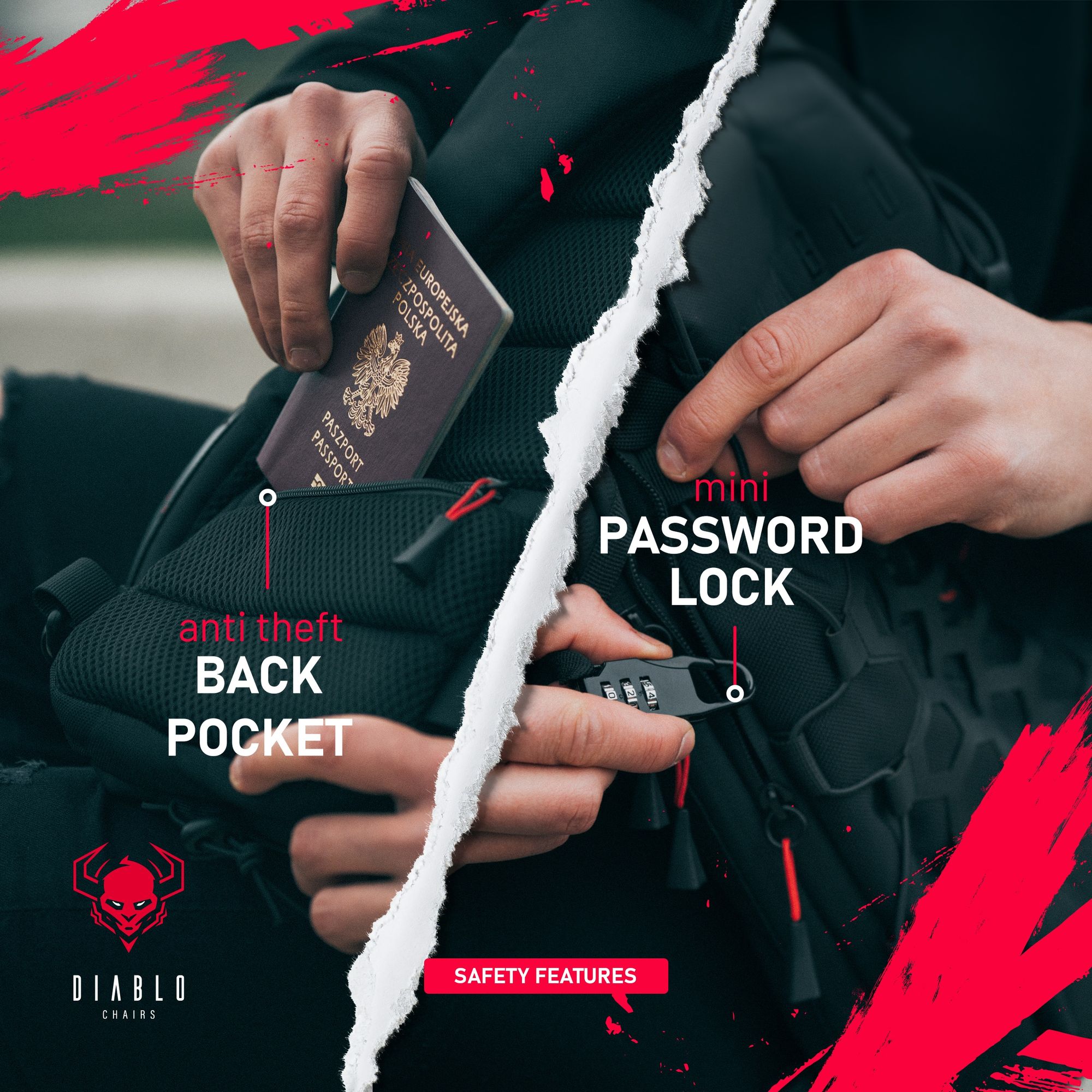 Diablo Umhängetasche Schulterrucksack Brusttasche USB-Anschluss Anti-Diebstahl Zahlenschloss für Reißverschluss 11 Taschen Wasserdicht Farbe: Schwarz