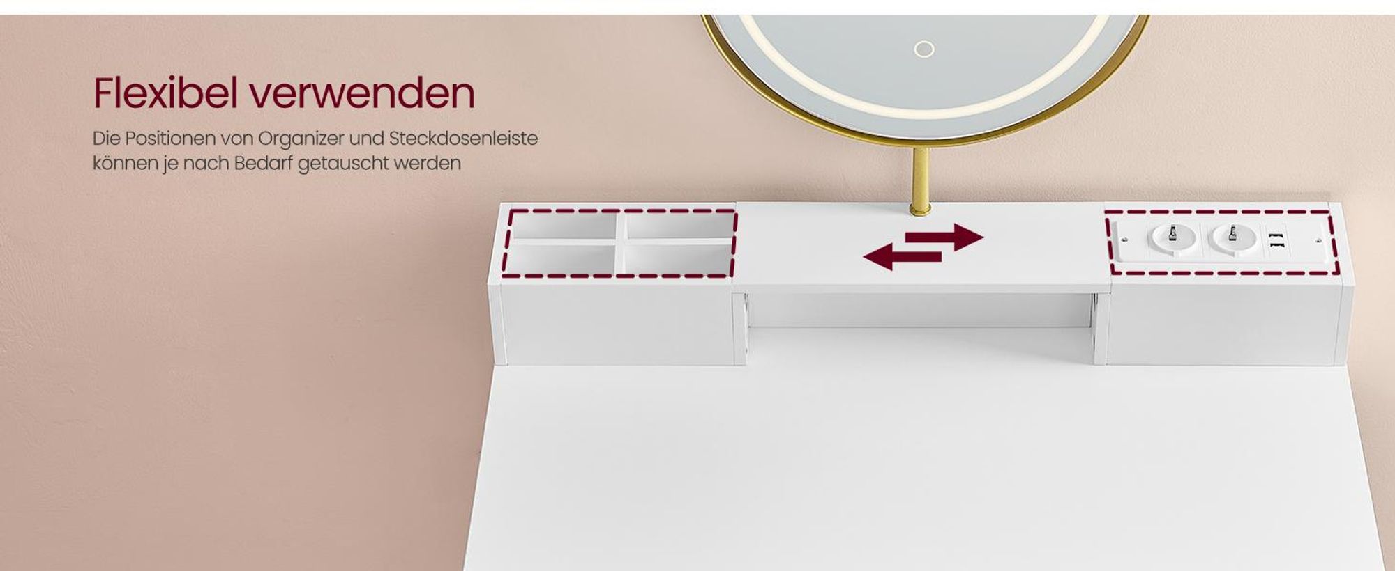 VASAGLE Schminktisch mit Hocker und Beleuchtung, Steckdosenleiste, Spiegel, Frisiertisch, 40 x 80 x 134,8 cm, Kosmetiktisch mit Schubladen