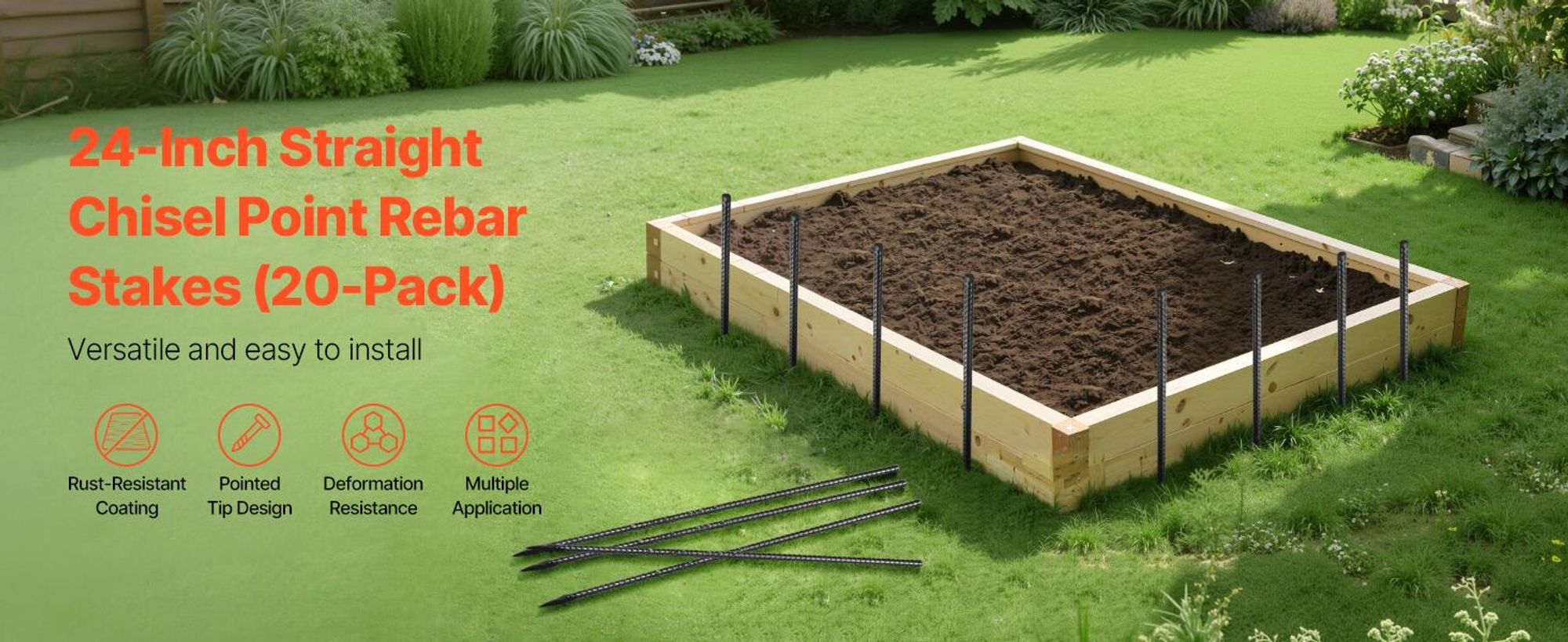 VEVOR Bodenanker, 609,6 mm, I-Typ mit 12 mm Durchmesser, verzinkte Zeltheringe, Erdanker, Erdnägel, Heringe, für Zelten, Vordächern, Camping, Trampolin, Blumenständer (20er-Pack)