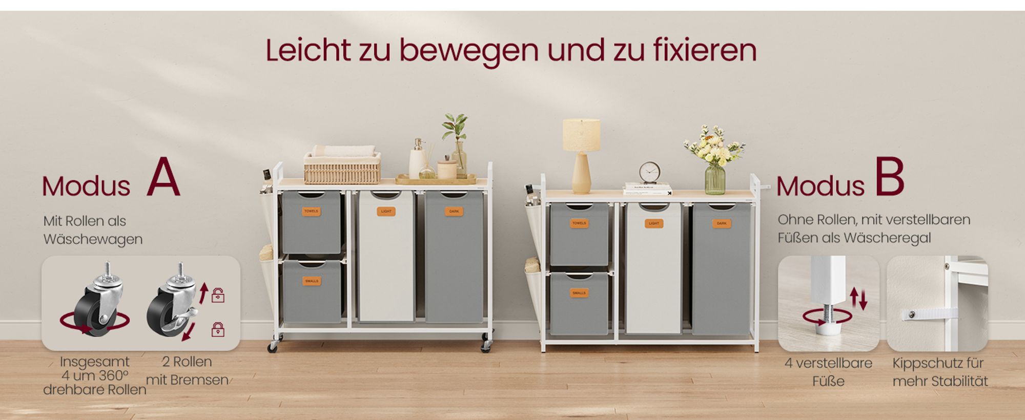 VASAGLE Wäschekorb 4 Fächer, Wäschesammler 150 L,  Wäschewagen mit Ablage