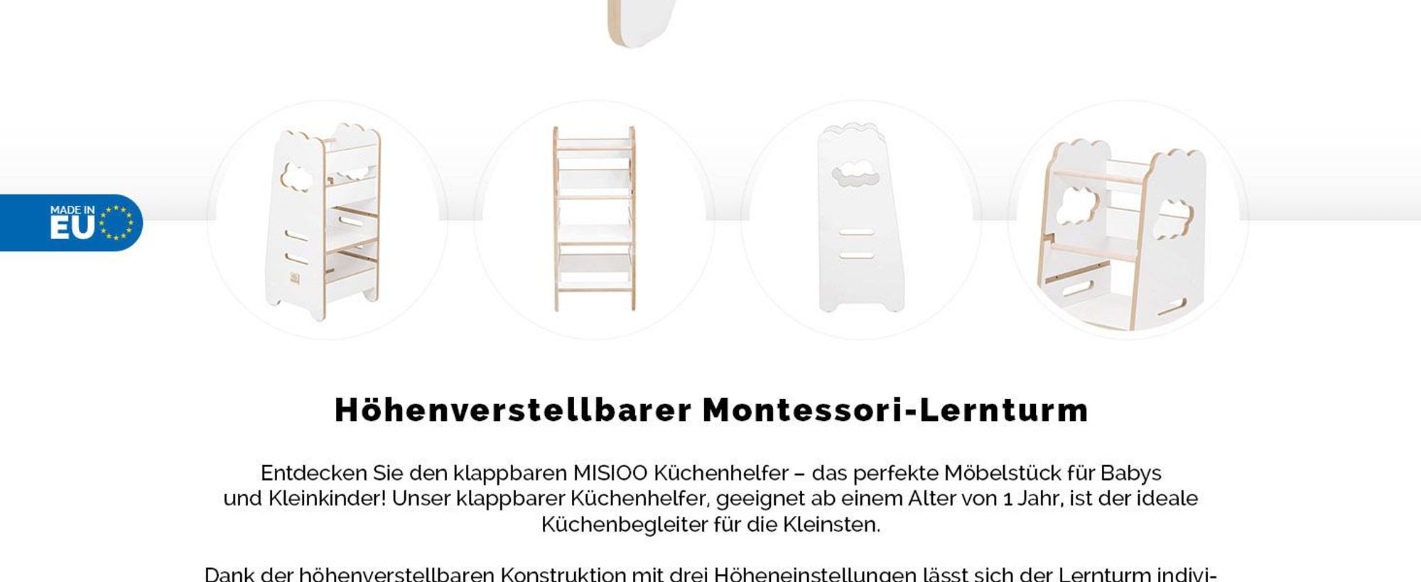 MISIOO Lernturm ab 1 Jahr für Kinder – Einstellbare Stufenhöhe – 3 Höhenstufen – Abgerundete Kanten – Laminierte Oberflächen – Bis zu 50kg