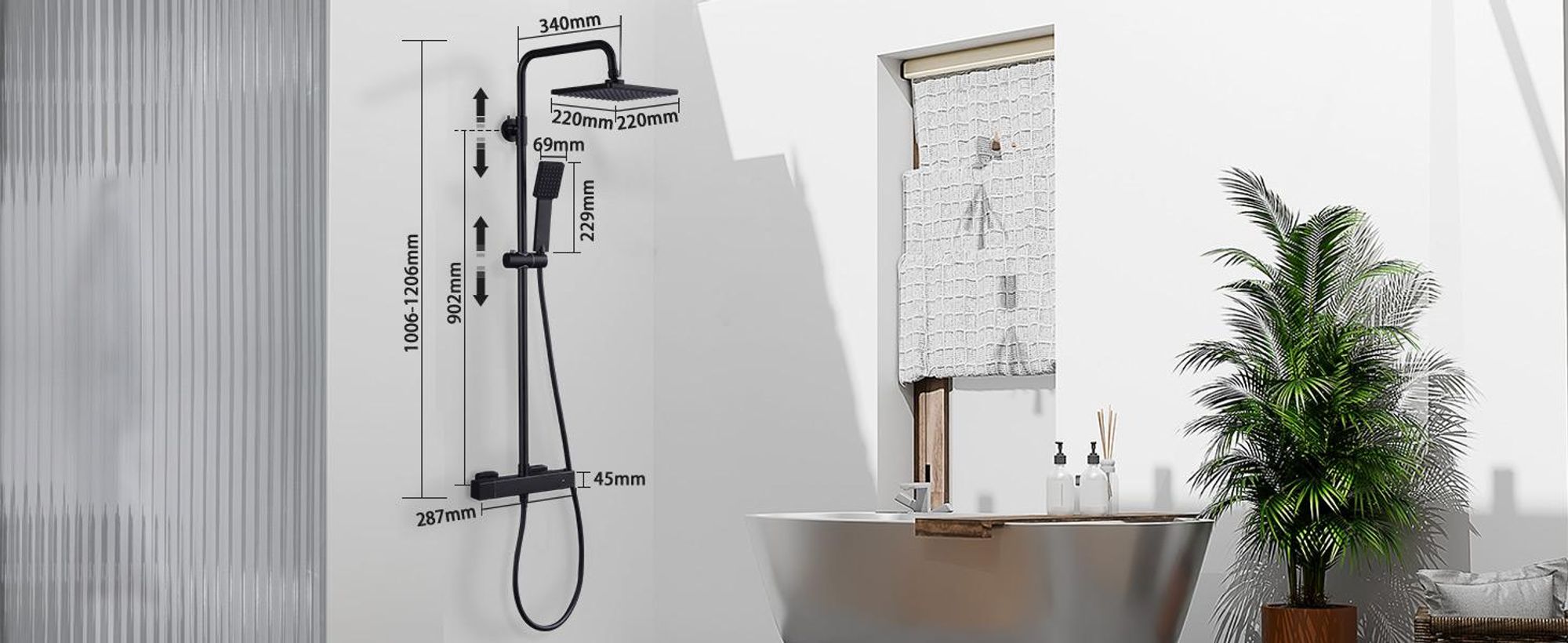 Homelody Duschsystem mit Thermostat 38°C Quadratische Duschsäule Duscharmatur Schwarz Regendusche Duschset Verstellbar Duschstange, Edelstahl