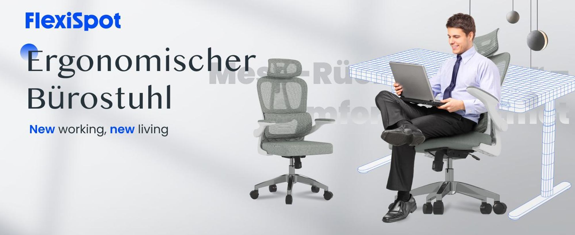 FLEXISPOT Ergonomischer Bürostuhl 2D-Kopfstütze, Adaptive Lendenstütze, verstellbare Rückenlehne, Atmungsaktiver Netzstoff, höhenverstellbar, Grau