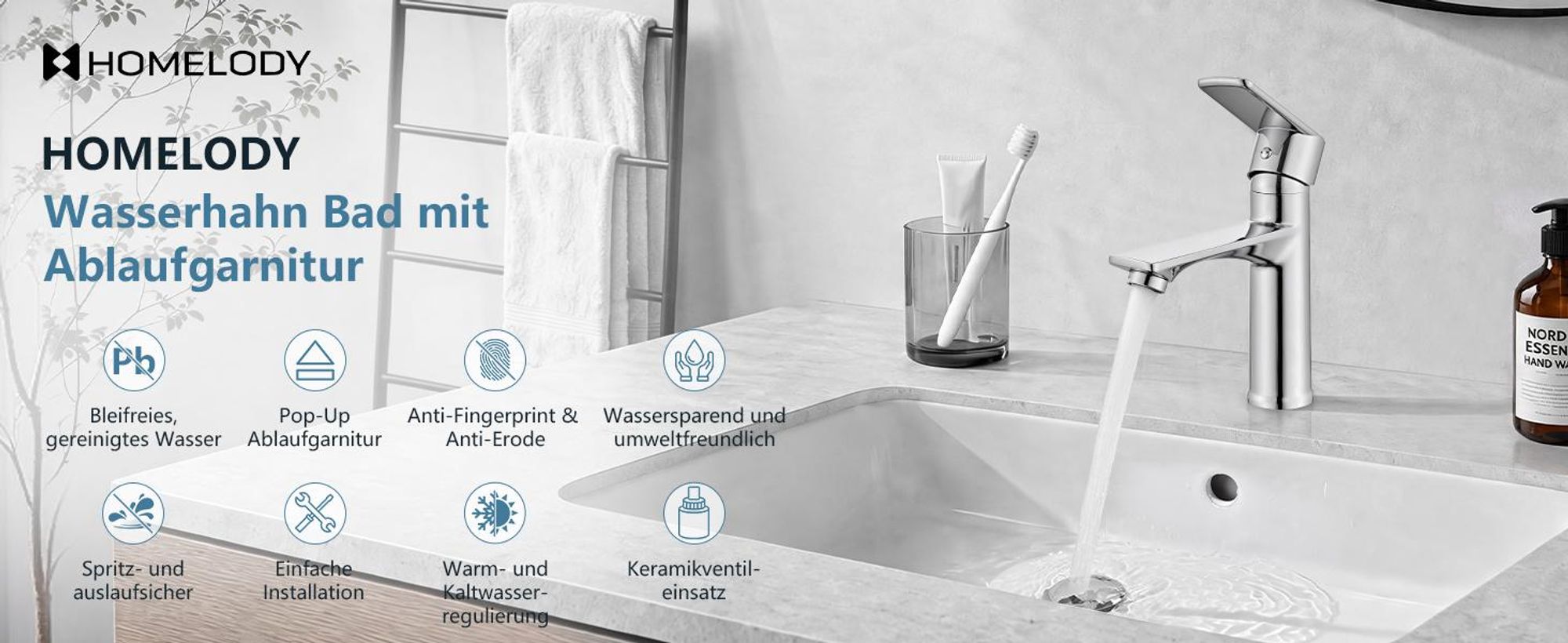 Homelody Wasserhahn Bad Chrom+Universal Ablaufgarnitur Chrom, Armatur Mischbatterie Waschbeckenarmatur mit Pop-Up Ventil Edelstahl Messing