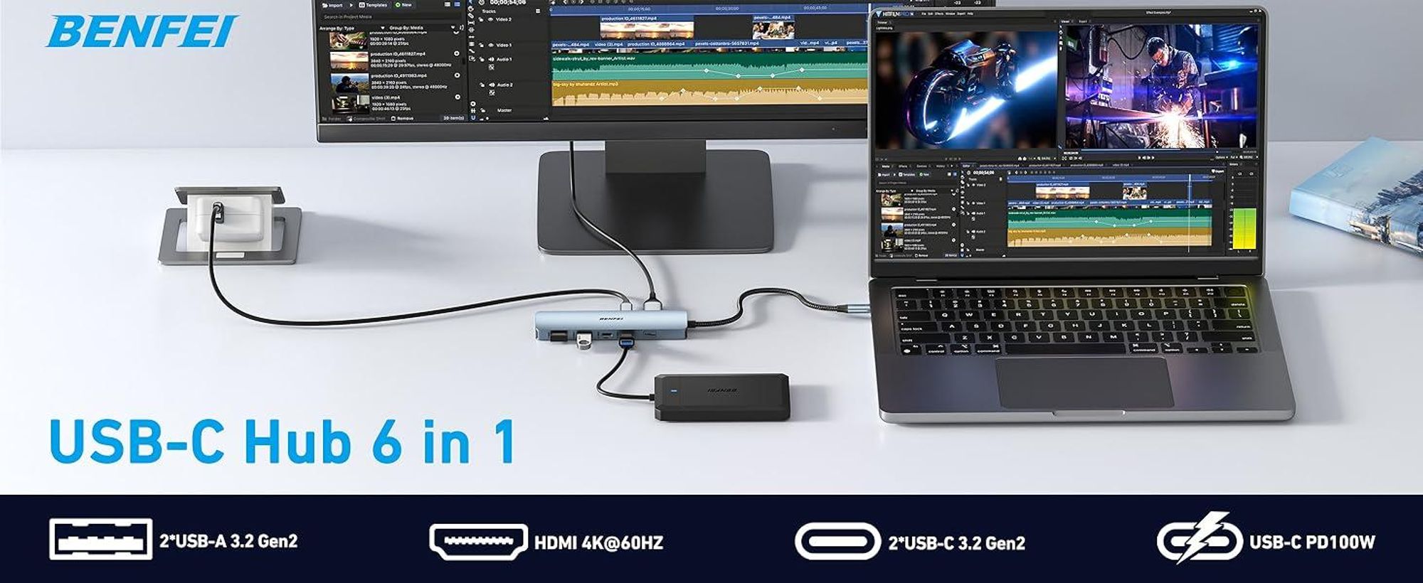 BENFEI Hubs USB C Hub 6in1 mit HDMI 4K 60Hz und 100W PD