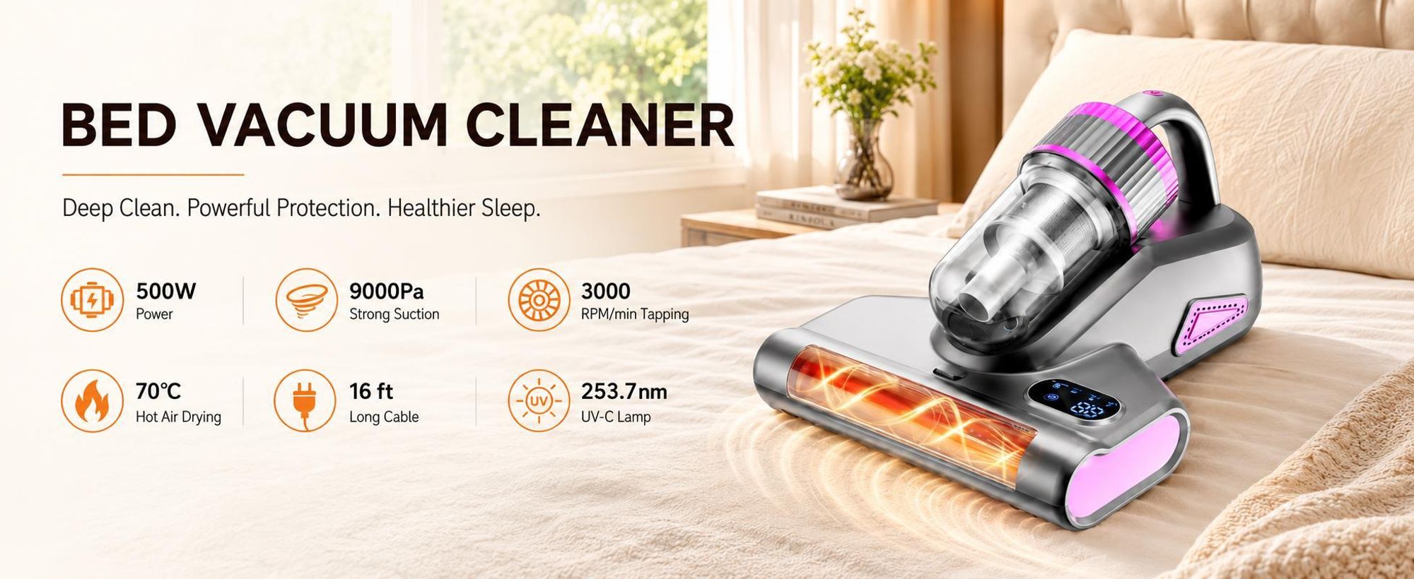 Milbensauger mit 70°C Heißluft & UV-C Licht, Anti-Milben-Staubsauger kabellos, HEPA-Filter, Milben Hand-Staubsauger für Allergiker, 3 Filterkartuschen