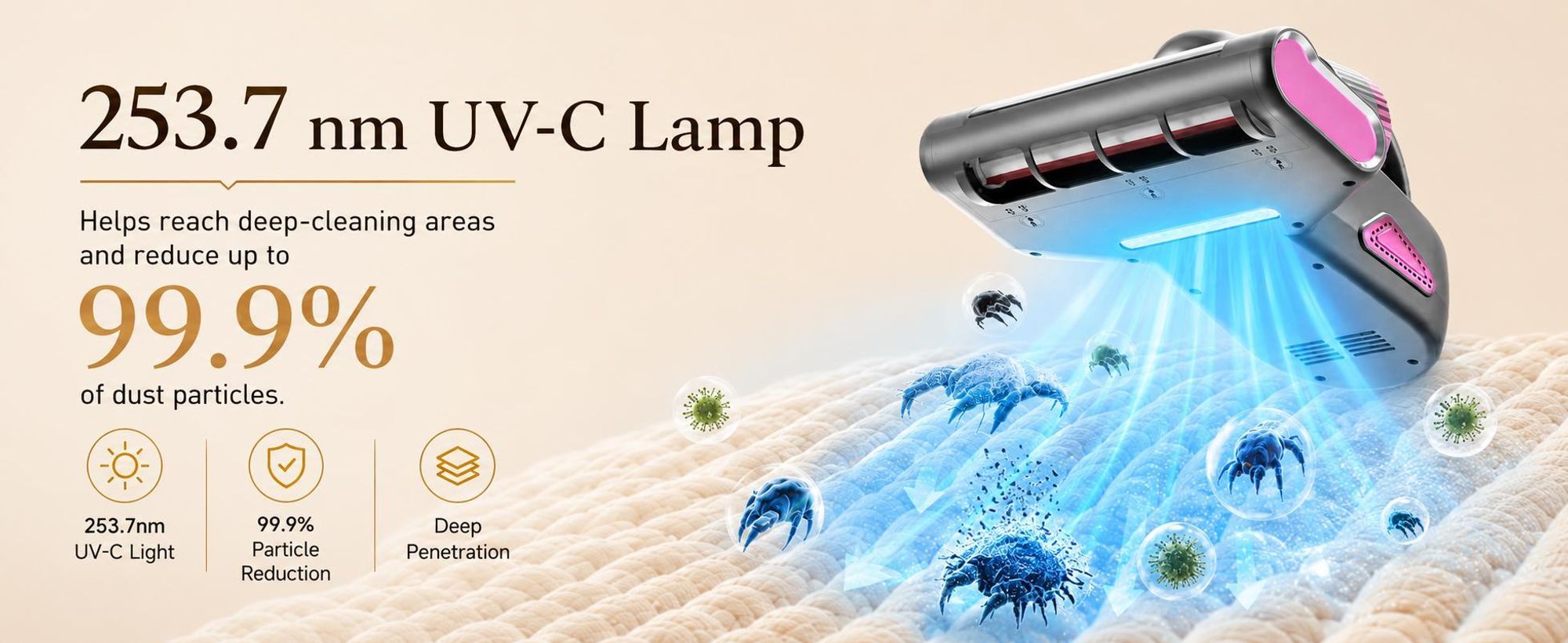 Milbensauger mit 70°C Heißluft & UV-C Licht, Anti-Milben-Staubsauger kabellos, HEPA-Filter, Milben Hand-Staubsauger für Allergiker, 3 Filterkartuschen