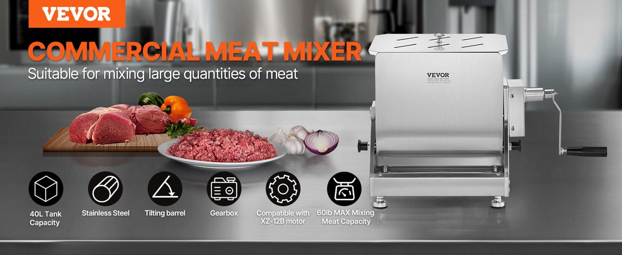 VEVOR Handbetriebs Fleischmischer, 80L Festtank Fleischverarbeitungsgerät (Maximale Mischung 80LBS für Fleisch), Edelstahl Fleischmischer, Wurstmischmaschine mit Deckel, Handgetriebe, Hackfleisch Handmischer, 40 L-a