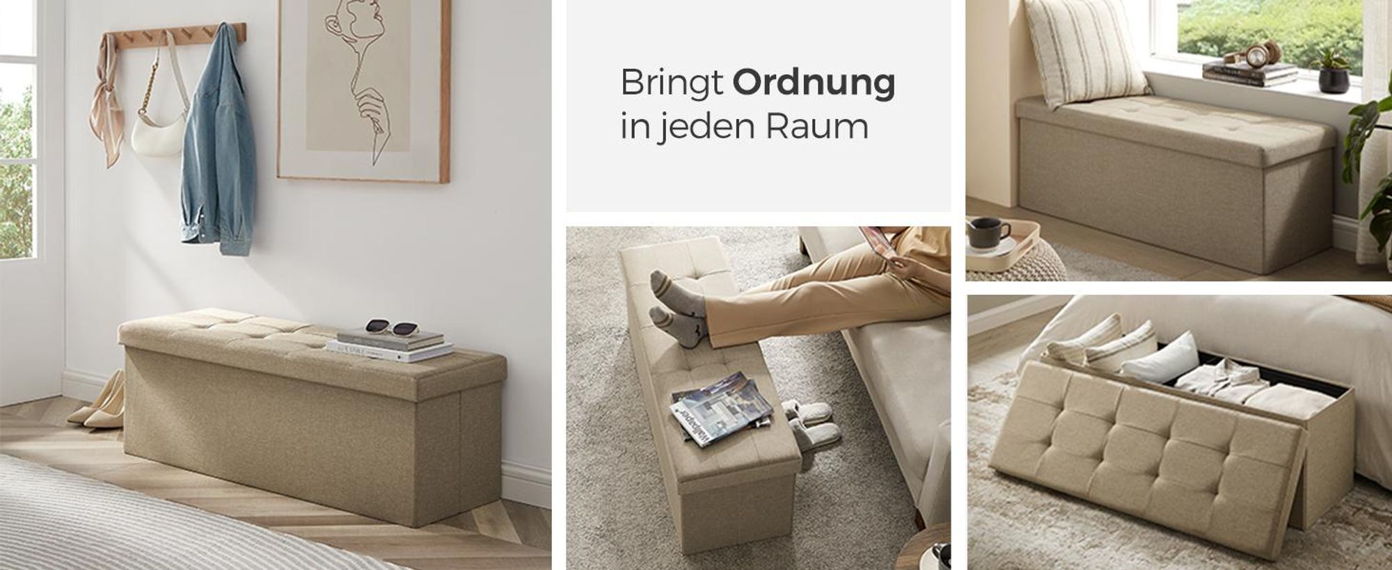 SONGMICS 110 cm Sitzbank mit Stauraum, klappbare Sitztruhe, Fußbank, helltaupe