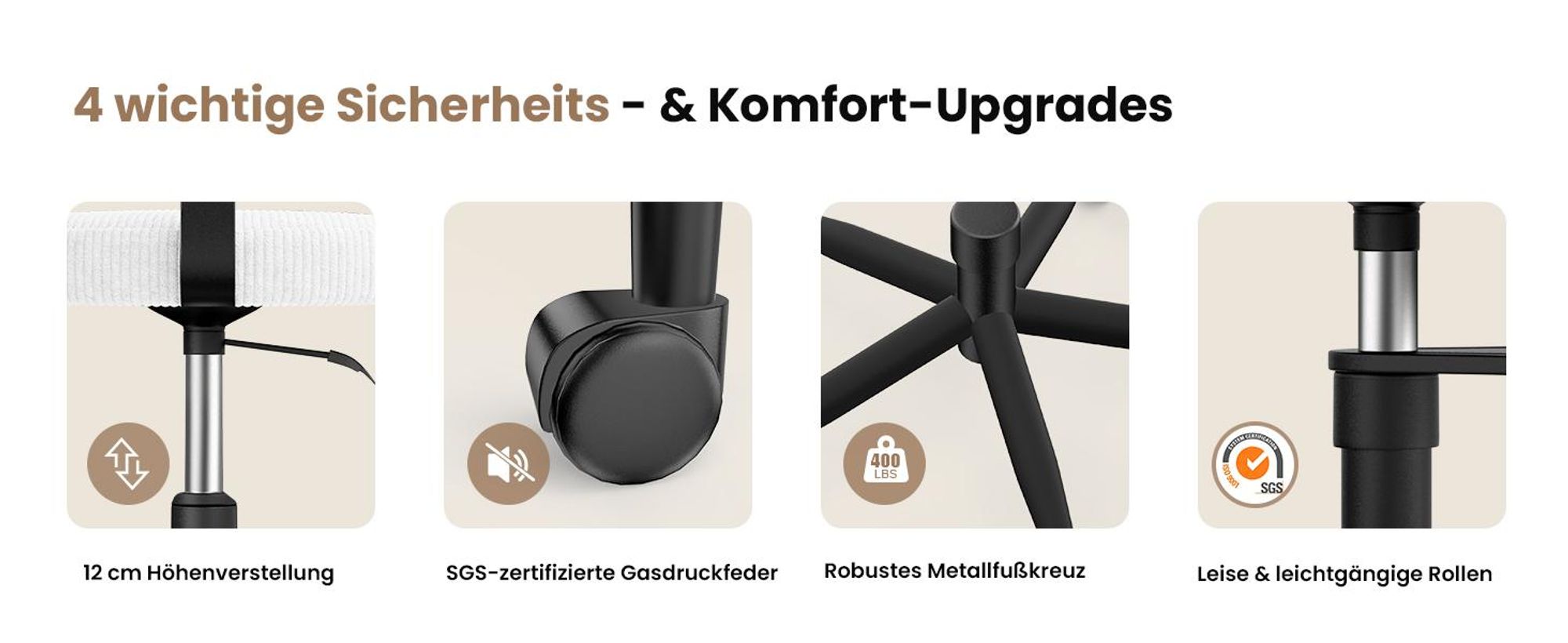 Bürostuhl für Schneidersitz, Ergonomischer Cross-Leg-Stuhl, 360° drehbar, höhenverstellbar, mit Rückenlehne, Weiß, Cord stoff Weiß