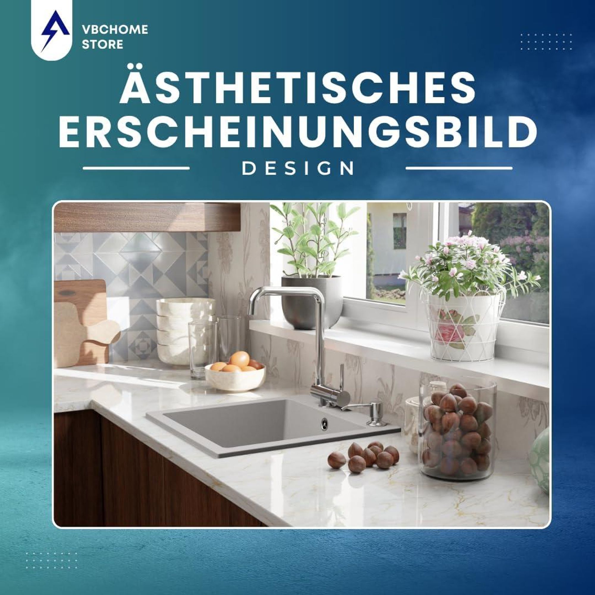 VBChome Granitspüle 50 x 48 cm Grau Einzelbecken Einbauspüle Gesprenkelt Pflegeleichtes Spülbecken mit Siphon Ideal für kleine Küchen