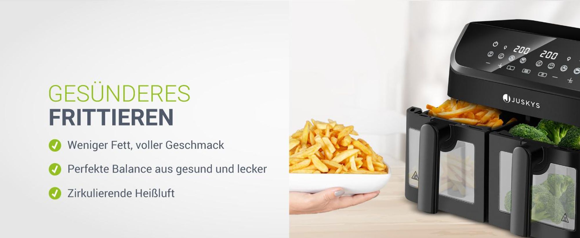 Juskys Heißluftfritteuse 9 L - 2 Kammern, Smart Finish, 9 Programme, Friteuse