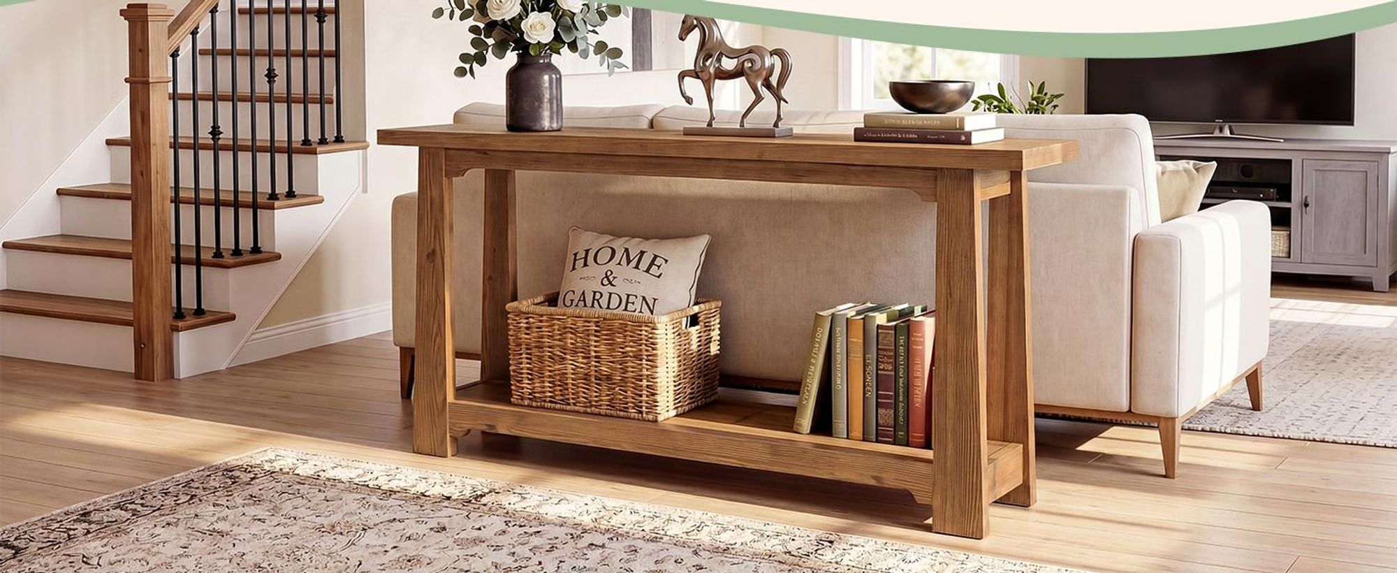 Massivholz Konsolentisch 140 cm, Schmaler Flurtisch im Landhausstil mit Ablage, Eingangstisch aus Echtem Tannenholz, Sofatisch Hinter dem Sofa