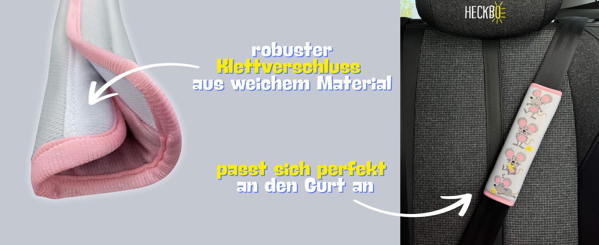 1x HECKBO Kinder Auto Gurtpolster Gurtschutz mit Maus Motiv - Sicherheitsgurt Polster für Kinder und Babys- Ideal für jeden Gurt Autositzerhöhungen Kinder Fahrradanhänger Flugzeug