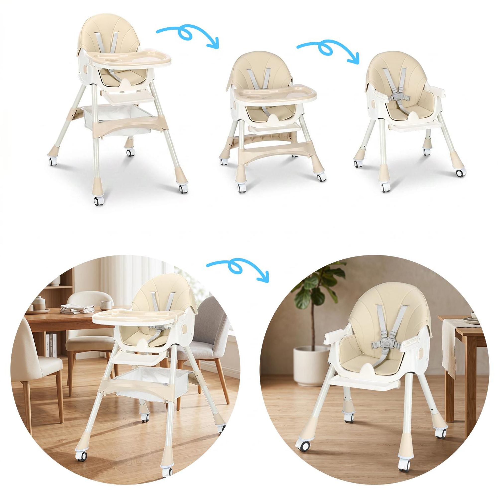 OYAJIA  Kinderstuhl 3-in-1 Kinderstuhl, Kombistuhl, Babystuhl, höhenverstellbar klappbar Babystuhl mit Tablett und 5-Punkt-Gurt, Fußstütze, Baby Wippe