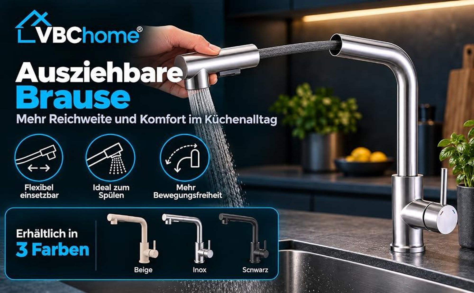 VBChome Küchenarmatur Beige mit ausziehbarer Brause 360° schwenkbar 2 Strahlarten Keramikkartusche Einhebelmischer Spültischarmatur Höhe 330 mm