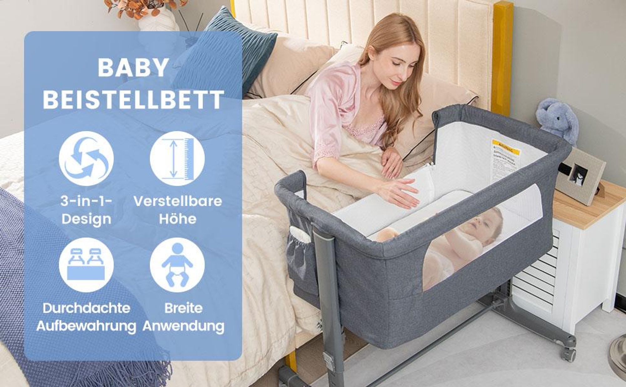 COSTWAY 3 in 1 Beistellbett & Babywiege & Reisebett, 5-stufig Höhenverstellbares Babybett, 10° Neigung, Kinderbett inkl. Matratze, Tragetasche, Stubenwagen für Babys bis 9kg belastbar (Hellgrau)