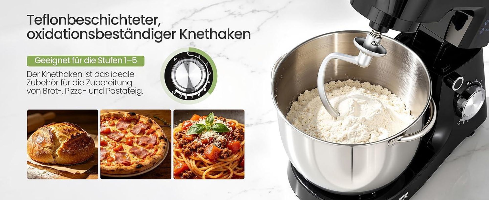 LLIVEKIT 1500W Küchenmaschine, 5,2L Edelstahl-Rührschüssel, Multifunktional Haushalts-Backgerät