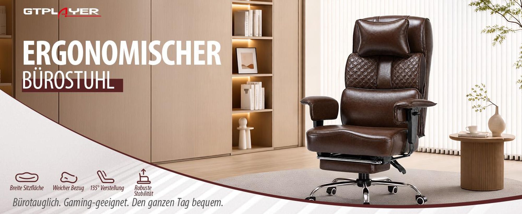 GTPLAYER Gaming Stuhl Ergonomischer Bürostuhl mit Verstellbarer Kopfstütze großer Lendenwirbelstütze, 54 cm breiter Sitz, 90°–150° neigbar 180KG