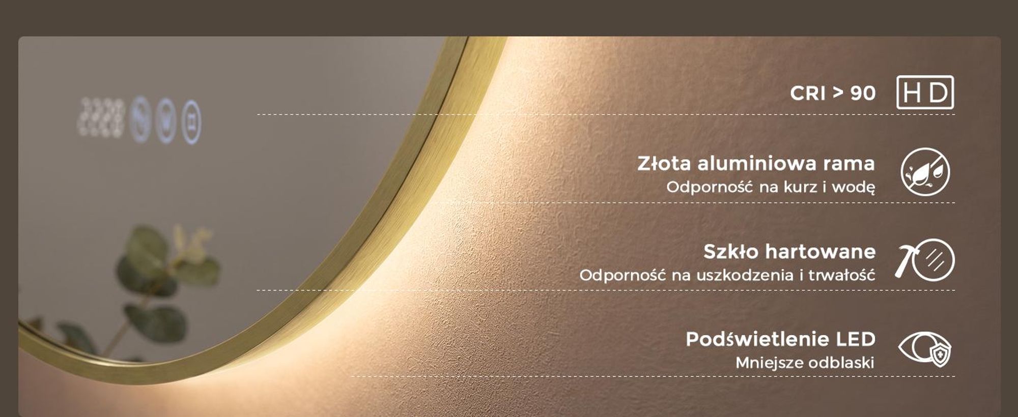 S'AFIELINA Lustro Łazienkowe LED 70 cm, Okrągłe, Złota Rama, 3 Barwy Światła, Regulacja Jasności, Antypara, Zegar, Wyświetlacz Temperatury