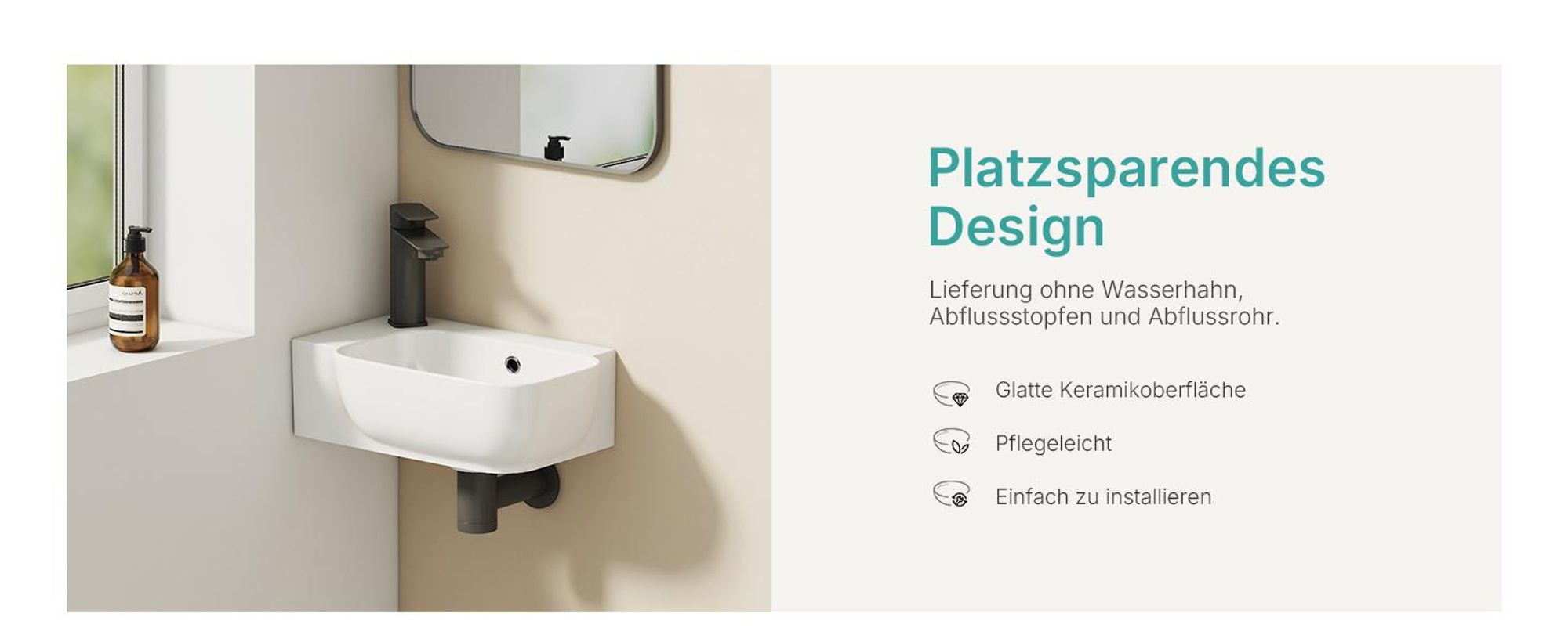 EMKE Wandwaschbecken Keramik Rechteckig 400x250mm Weiß Glänzend Abgerundetes Hänge Waschbecken mit Armaturloch & Überlauf für Gäste-WC & kleines Bad