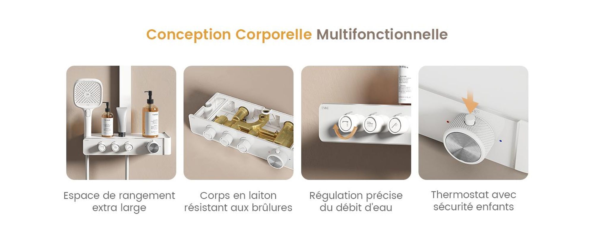 EMKE Système de douche avec thermostat Colonne de douche blanche avec 360×240mm douche à effet pluie carrée, bec de baignoire, régulateur de débit & tablette en verre F27