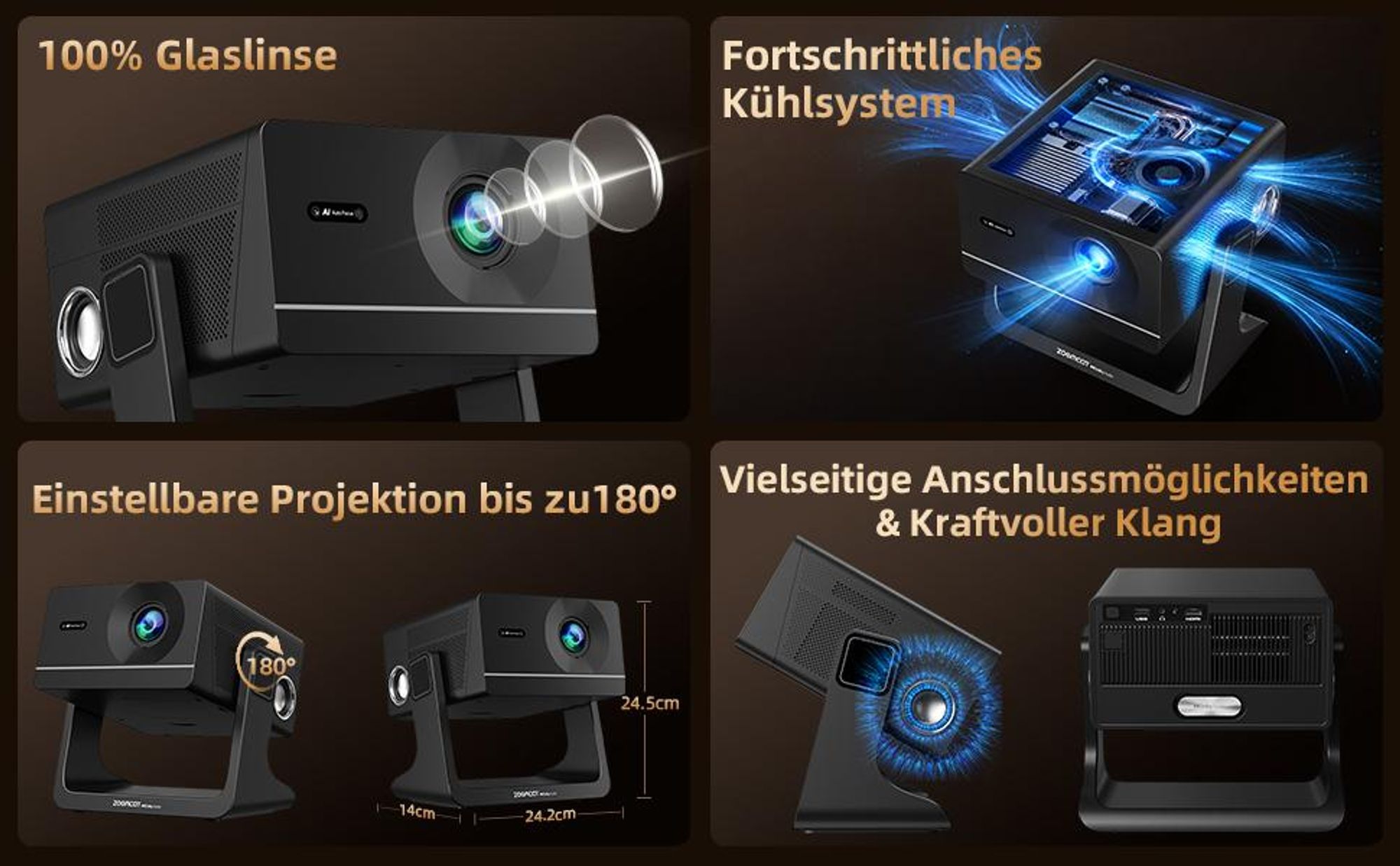 Beamer 4K, VIDAA OS, offiziell Netflix-, 1080P FHD,1400 ANSI, 2×10W Dual-Lautsprecher, Dolby Audio, KI-Autofokus & Auto-Trapezkorrektur