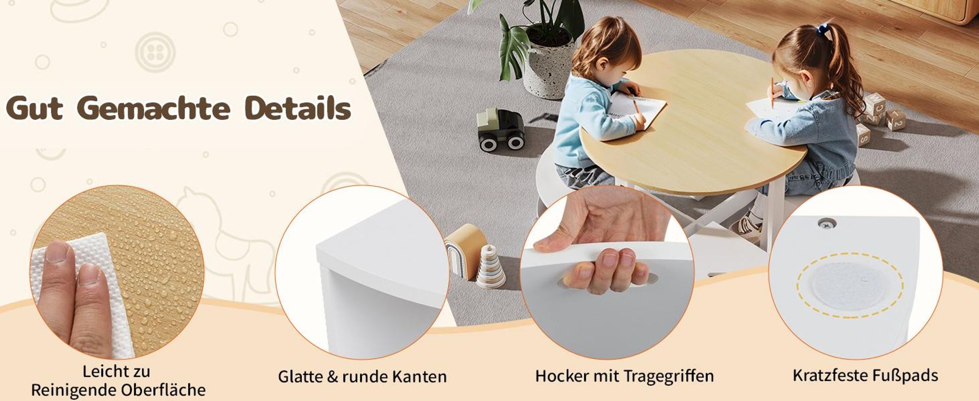 COSTWAY Kindertisch mit 4 Stühlen, Kindersitzgruppe aus Holz mit 4 Stauraumhocker & 4 Stoffschubladen, Maltisch, Sitzgruppe für Kinder ab 3+, Rosa